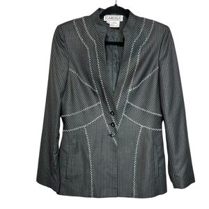Carlisle Pinstripe Wool Silk Long Zig Zag Stitch Blazer, size 8